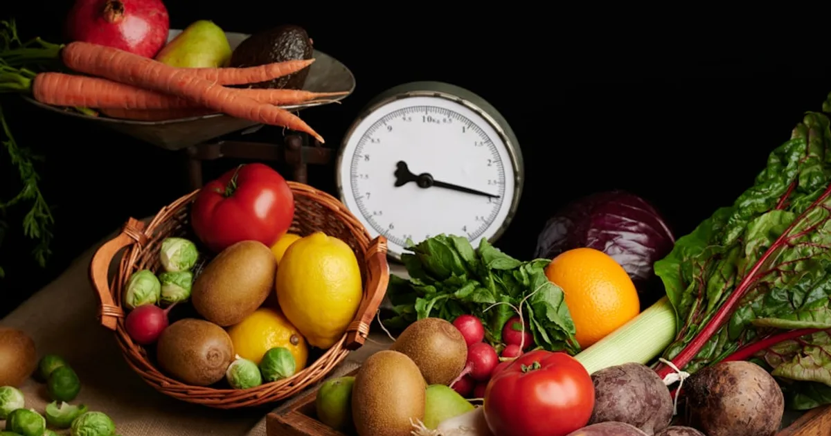 Persona calculando su déficit calórico con báscula de alimentos y app de nutrición